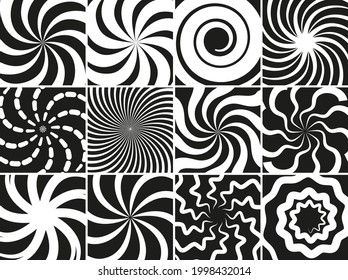 Hypnotic shapes collection. Radial black white abstract spirals, geometric circular swirls vector set