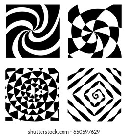 Hypnotic spin of black and white stripes. Twirl pattern of different shapes. Vector set.