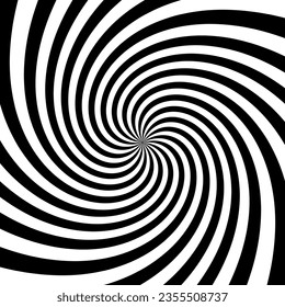 Hypnotic spinning vortex background. Radial optical illusion. Black and white swirl wallpaper. Rotating concentric curves. Whirlpool design for poster, banner, flyer. Vector illustration