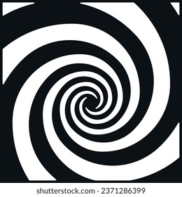 Hypnotic spiral background black and white twisted abstract optical illusion vector flat illustration. Curved stripes magic movement monochrome surreal swirl loop tunnel endless twirl tube portal