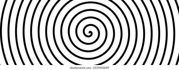 Hypnotic spiral background. Black and white radial optical illusion art. Swirl tunnel wallpaper. Spinning concentric circles. Vortex or whirlpool design for poster, banner, flyer, booklet. Vector