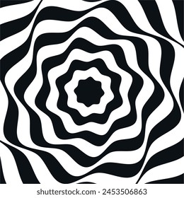 Hypnotic spiral black and white striped hole tunnel star shape optical illusion vortex vector flat illustration. Psychedelic twist turn bizarre pattern whirlpool hypnosis circular rotating imagination