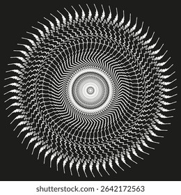 Design em espiral hipnótica. Padrão de onda em escala de cinza. Luz central brilha. Forma de ilusão de vetor.