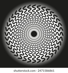 Hypnotic spiral pattern. Black wavy lines. Gradient background. Abstract vector.