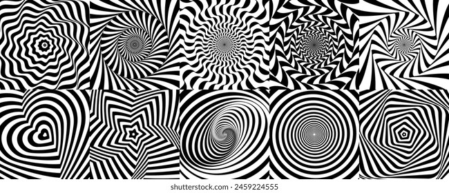 Hypnotic spiral pattern and psychedelic hypnosis swirls, vector backgrounds. Abstract optical illusion and hypnotic patterns with trippy black and white twist distortion, warp heart and star shapes