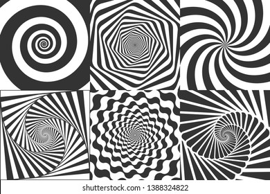 Hypnotic spiral. Swirl hypnotize spirals, vertigo geometric illusion and rotating stripes round pattern vector illustration set