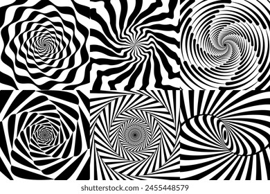 Hypnotic spiral swirl, psychedelic hypnosis patterns. Vector swirling black and white backgrounds with spinning vortex. Optical illusions twists, twirls and radiant stripes for hypnotherapy effect