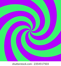Hypnotic spirals background. Radial optical illusion. Green and purple swirl wallpaper. Spinning concentric curves. Vortex or whirlpool design for poster, banner, flyer. Vector illustration