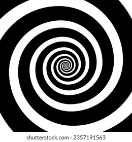 Hypnotic spirals background. Radial optical illusion. Black and white swirl tunnel wallpaper. Spinning concentric curves. Vortex, whirlpool or helix design for poster, banner, flyer. Vector