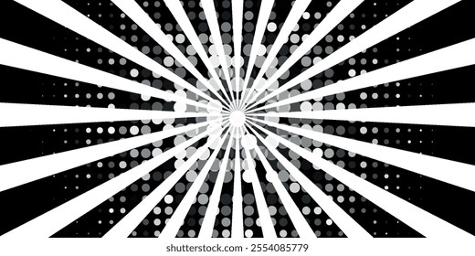 Hypnotic spirals background. Radial optical illusion. Black and white swirl tunnel wallpaper. Horizontal spinning concentric curves.