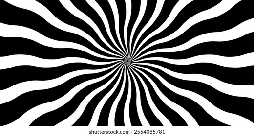 Hypnotic spirals background. Radial optical illusion. Black and white swirl tunnel wallpaper. Horizontal spinning concentric curves.