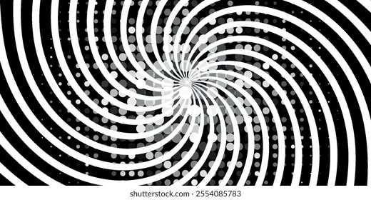 Hypnotic spirals background. Radial optical illusion. Black and white swirl tunnel wallpaper. Horizontal spinning concentric curves.