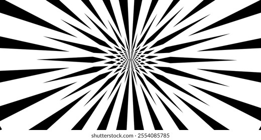 Hypnotic spirals background. Radial optical illusion. Black and white swirl tunnel wallpaper. Horizontal spinning concentric curves.