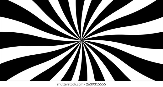 Hypnotic spirals background. Radial optical illusion. Black and white swirl tunnel wallpaper. Horizontal spinning concentric curves.