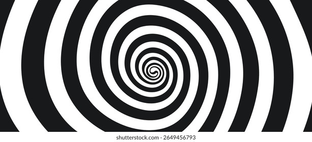 Hypnotic spirals background. Radial optical illusion. Black and white swirl tunnel wallpaper. Horizontal spinning concentric curves. Vortex or whirlpool design for poster, banner, flyer.Vector