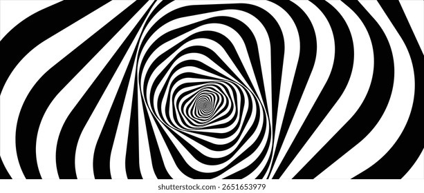 Hypnotic spirals background. Radial optical illusion. Black and white swirl tunnel wallpaper. Horizontal spinning concentric curves. Vortex or whirlpool design for poster, banner, flyer.Vector