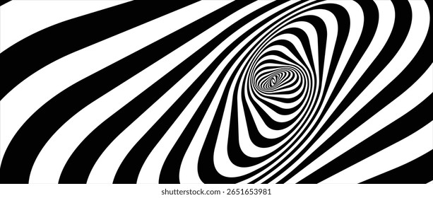 Hypnotic spirals background. Radial optical illusion. Black and white swirl tunnel wallpaper. Horizontal spinning concentric curves. Vortex or whirlpool design for poster, banner, flyer.Vector