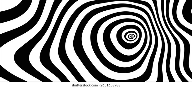 Hypnotic spirals background. Radial optical illusion. Black and white swirl tunnel wallpaper. Horizontal spinning concentric curves. Vortex or whirlpool design for poster, banner, flyer.Vector