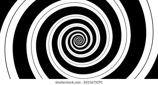 Hypnotic spirals background. Radial optical illusion. Black and white swirl tunnel wallpaper. Horizontal spinning concentric curves. Vortex or whirlpool design for poster, banner, flyer.