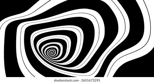 Hypnotic spirals background. Radial optical illusion. Black and white swirl tunnel wallpaper. Horizontal spinning concentric curves. Vortex or whirlpool design for poster, banner, flyer.