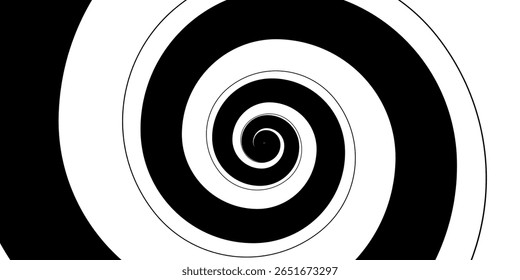Hypnotic spirals background. Radial optical illusion. Black and white swirl tunnel wallpaper. Horizontal spinning concentric curves. Vortex or whirlpool design for poster, banner, flyer.