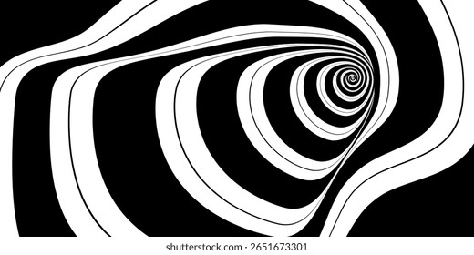 Hypnotic spirals background. Radial optical illusion. Black and white swirl tunnel wallpaper. Horizontal spinning concentric curves. Vortex or whirlpool design for poster, banner, flyer.