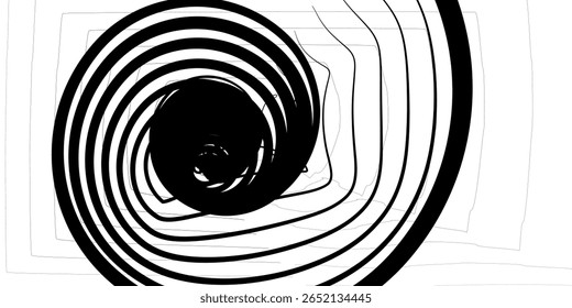 Fundo de espirais hipnóticas. Ilusão óptica radial. Papel de parede de túnel de espiral preto e branco. Curvas concêntricas giratórias horizontais. Projeto Vortex ou redemoinho para poster, banner, flyer. Arte vetorial