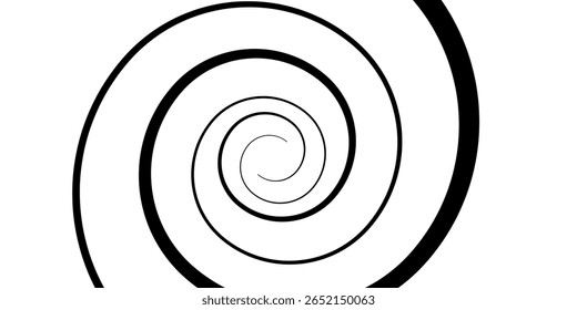 Fundo de espirais hipnóticas. Ilusão óptica radial. Papel de parede de túnel de espiral preto e branco. Curvas concêntricas giratórias horizontais. Projeto Vortex ou redemoinho para poster, banner, flyer. Arte vetorial
