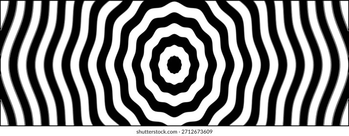 Hypnotic spirals background. Radial optical illusion. Black and white swirl tunnel wallpaper. Horizontal spinning concentric curves. Vortex or whirlpool design for poster, banner, flyer.EPS10