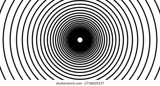 Fundo de espirais hipnóticas. Ilusão óptica radial. Papel de parede de túnel de espiral preto e branco. Curvas concêntricas giratórias horizontais. Projeto Vortex ou redemoinho para poster, banner, flyer. Arte vetorial