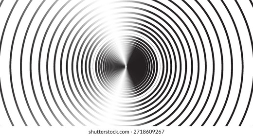 Fundo de espirais hipnóticas. Ilusão óptica radial. Papel de parede de túnel de espiral preto e branco. Curvas concêntricas giratórias horizontais. Projeto Vortex ou redemoinho para poster, banner, flyer. Arte vetorial