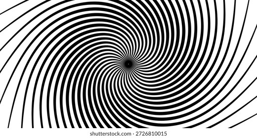 Hypnotische Spiralen Hintergrund. Radiale optische Täuschung. Schwarz-Weiß wirbeln Tunnel Tapete. Horizontale, konzentrische Spinnkurven. Vortex oder Whirlpool Design für Poster, Banner, Flyer. EPS 10