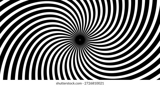 Hypnotische Spiralen Hintergrund. Radiale optische Täuschung. Schwarz-Weiß wirbeln Tunnel Tapete. Horizontale, konzentrische Spinnkurven. Vortex oder Whirlpool Design für Poster, Banner, Flyer. 