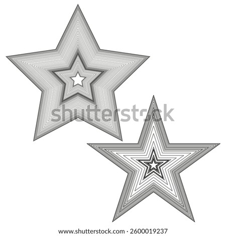Hypnotic star shapes. Concentric layered lines. Geometric expanding figures. Black and white pattern.