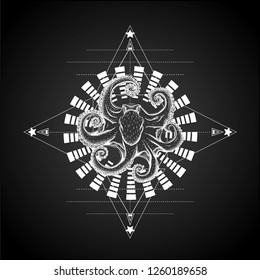 Hypnotic swirl with hand drawn octopus and sacred geometry. Sketch for print t shirt and tattoo art. Symbol of ocean and infinity. Stylized swastica. Black and white illustration.
