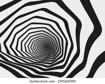 Hypnotic swirl tunnel. Spiral striped geometric funnel, optical illusion vector background