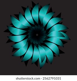 Hypnotic Teal Spiral: Radiant Aqua Blue Abstract Floral Petals Forming a Mesmerizing Design on a Deep Black Background