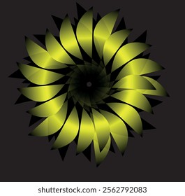 Hypnotic Teal Spiral: Yellow Abstract Floral Petals Forming a Mesmerizing Design on a Deep Black Background