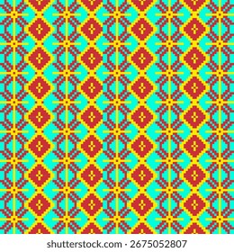 Hypnotisches und lebendiges, nahtloses, horizontales Rahmenmuster, das in einem kühnen Pixel-Art- oder Kreuzstich-Stil entworfen wurde und an traditionelle ethnische Stickereien erinnert. Das Muster verfügt über komplizierte geometrische 