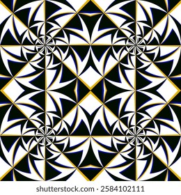 Hypnotic vortex-inspired pattern with black, blue, and yellow geometric symmetry. The intricate swirl effect creates an optical illusion of movement. Great for digital art, wallpapers, and prints.