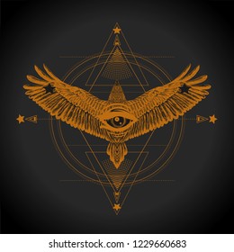 Hypnotism circles and diamond with flying eagle. All seeing eye. Mehendi design.