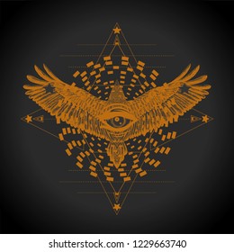 Hypnotism symbol. Circles and flying bird. Print for t shirt and tattoo art. 