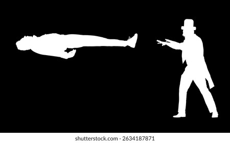 El hipnotista hipnotiza y levanta la ilustración de la silueta del Vector del hombre aislada en el fondo. El hombre dormido levita flotando en el aire. Ilusionista mago realizando truco. Sombra de forma de intérprete mágico.