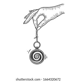 hypnotist pendulum in hand sketch engraving vector illustration. T-shirt apparel print design. Scratch board imitation. Black and white hand drawn image. svg