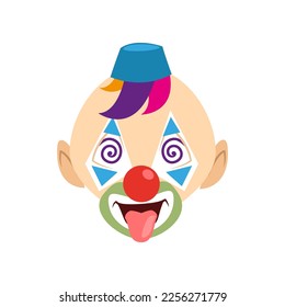 Hypnotized clown with tongue out vector illustration. Facial expression of cartoon character with eye and mouth makeup isolated on white background. Emotions, circus concept