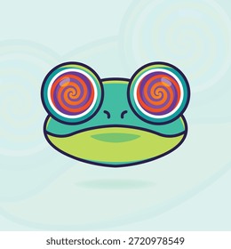 Hypnotized Frog Face Emoji Icon with Colorful Spiral Eyes and Dizzy Expression