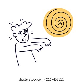 Hypnotized man. Autosuggestion and deception. Character with spiral eyes. Hypnosis circle. Simple outline cartoon