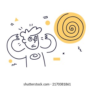 Hypnotized man. Autosuggestion and deception. Character with spiral eyes. Hypnosis circle. Simple outline cartoon