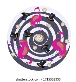 Hypnotizing background with flamingo from Alice in Wonderland surrounded by stovepipe hat and clock. Vector design.