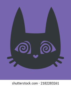 Hypnotizing cat face. Halloween character in black flat style.